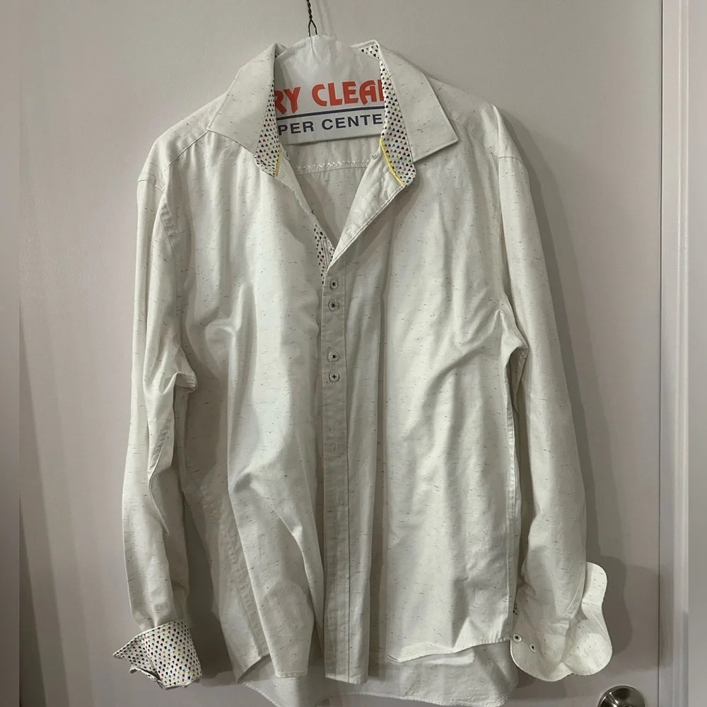 BUGATCHI Men's Shaped Fit Long Sleeve Dress Shirt Size L White & Rainbow Dots